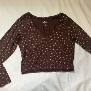 Hollister Brown Floral Long Sleeve Crop Blouse